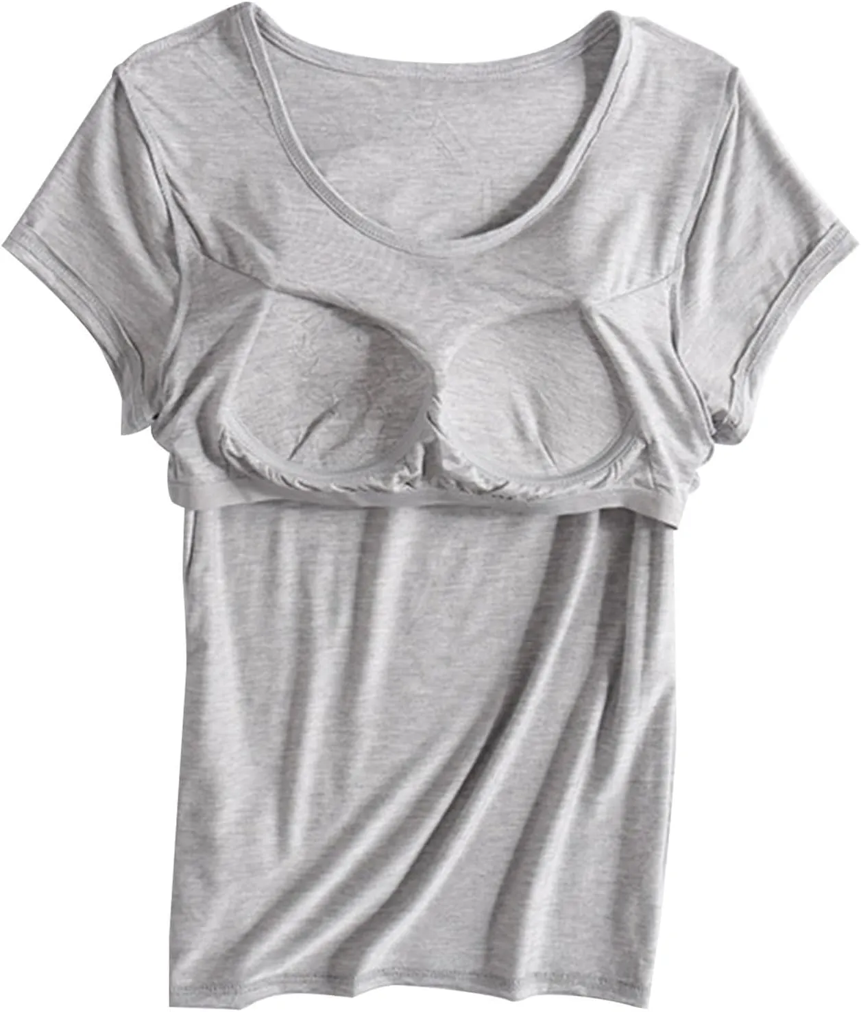 T-Shirt with Built-in Bra Women Casual Short Sleeve Scoop Neck Tees Lightweight Athletic Shirt Trendy Workout Yoga Tops