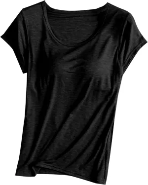 T-Shirt with Built-in Bra Women Casual Short Sleeve Scoop Neck Tees Lightweight Athletic Shirt Trendy Workout Yoga Tops