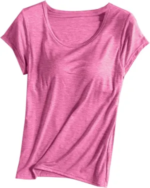 T-Shirt with Built-in Bra Women Casual Short Sleeve Scoop Neck Tees Lightweight Athletic Shirt Trendy Workout Yoga Tops