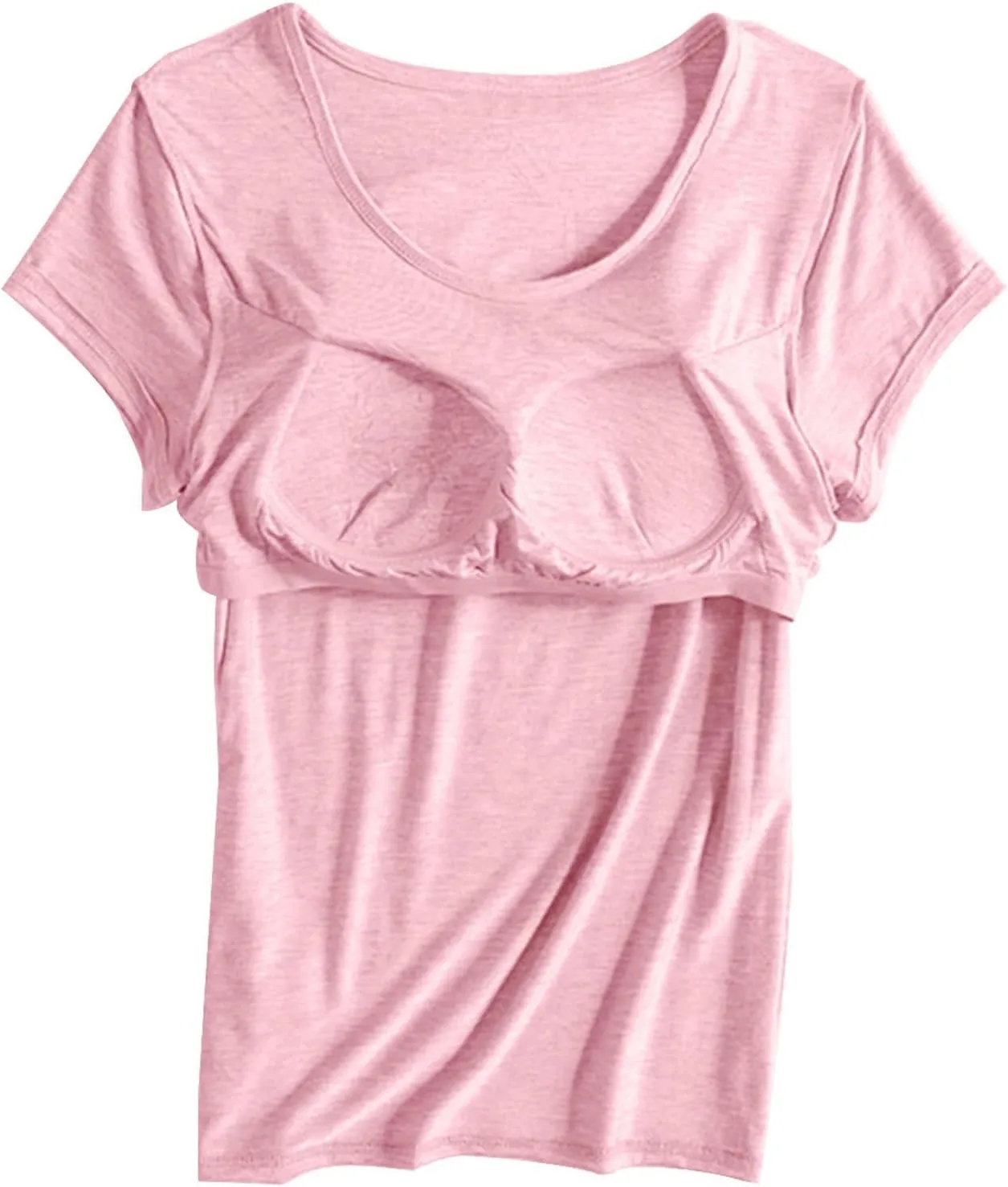 T-Shirt with Built-in Bra Women Casual Short Sleeve Scoop Neck Tees Lightweight Athletic Shirt Trendy Workout Yoga Tops