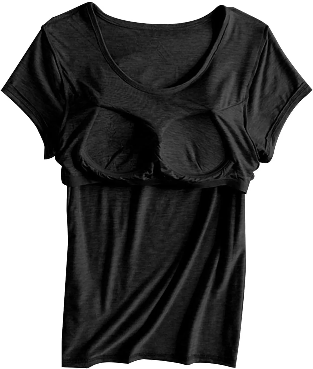 T-Shirt with Built-in Bra Women Casual Short Sleeve Scoop Neck Tees Lightweight Athletic Shirt Trendy Workout Yoga Tops