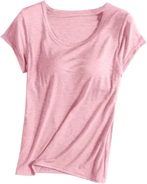 T-Shirt with Built-in Bra Women Casual Short Sleeve Scoop Neck Tees Lightweight Athletic Shirt Trendy Workout Yoga Tops