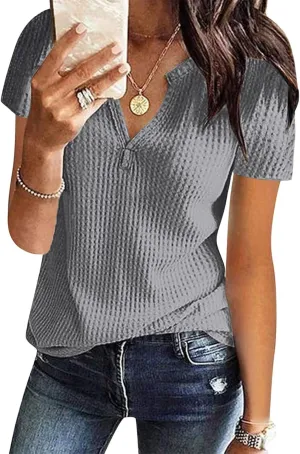 T Shirts for Women Fashion Waffle Short Sleeve V Neck Henley Shirts Casual Loose Fit T-Shirts Basic Tee Summer Tops