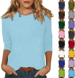 T Shirts for Women Loose Fit 3/4 Sleeve Tops Oversized Crew Neck Cotton Shirts Casual Pullover Tops Dressy Basic Tees