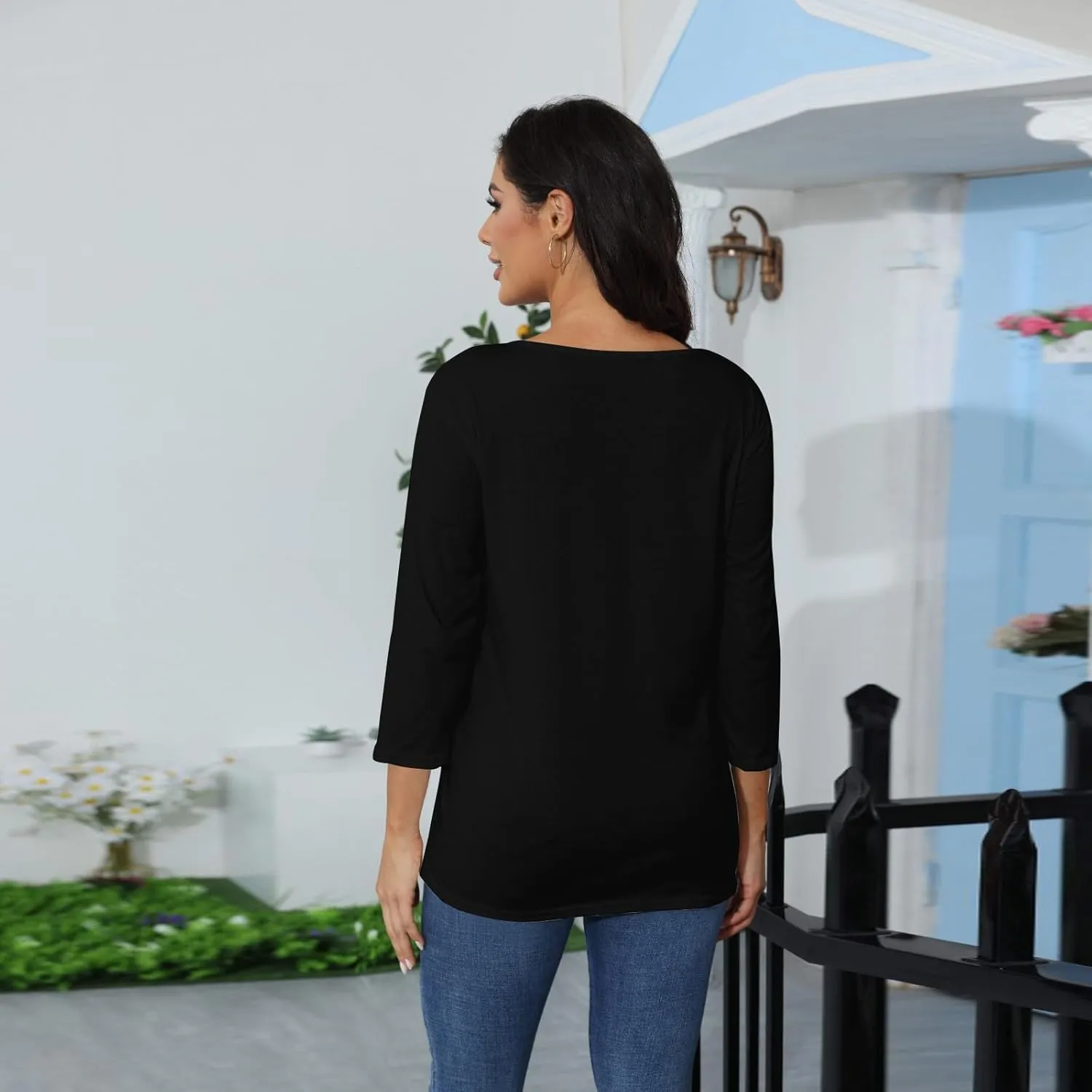 T Shirts for Women Loose Fit 3/4 Sleeve Tops Oversized Crew Neck Cotton Shirts Casual Pullover Tops Dressy Basic Tees