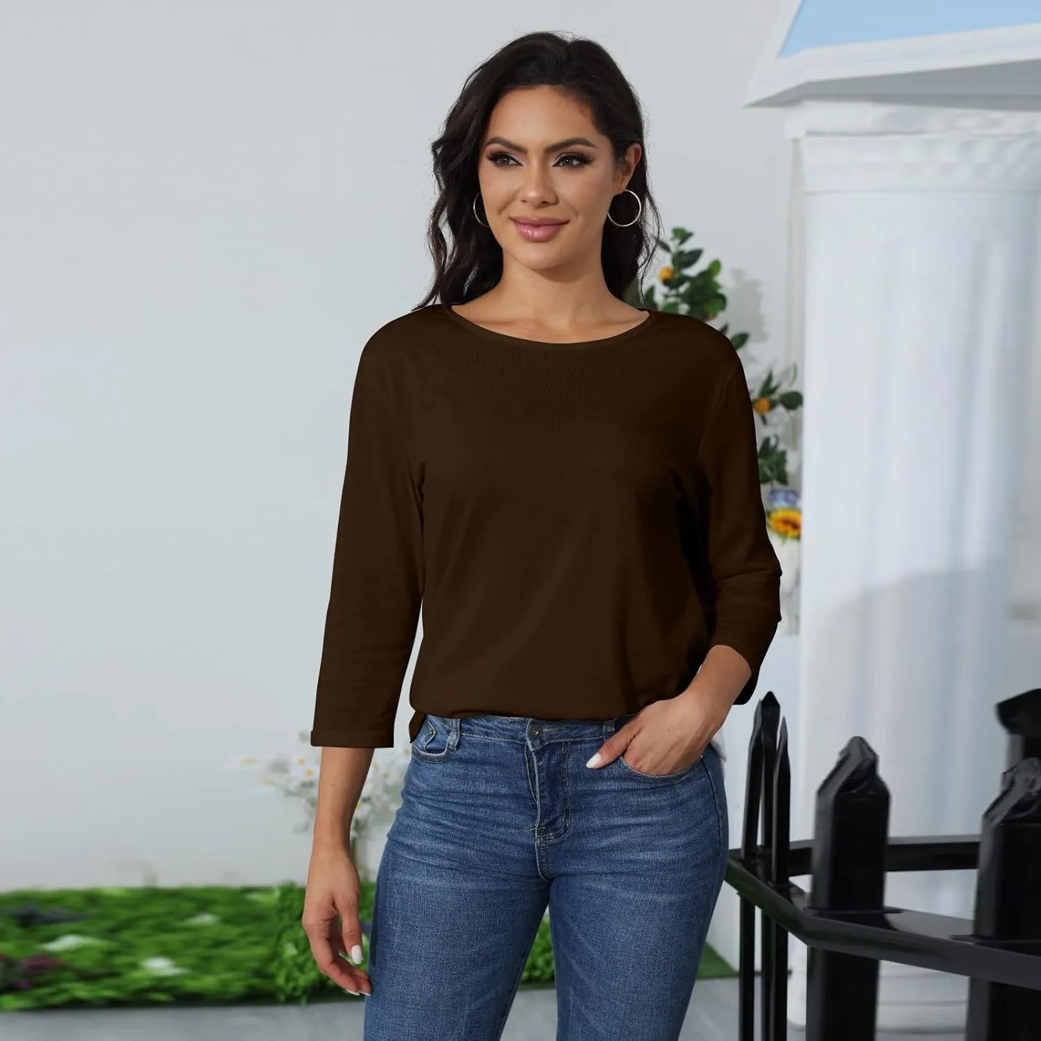 T Shirts for Women Loose Fit 3/4 Sleeve Tops Oversized Crew Neck Cotton Shirts Casual Pullover Tops Dressy Basic Tees