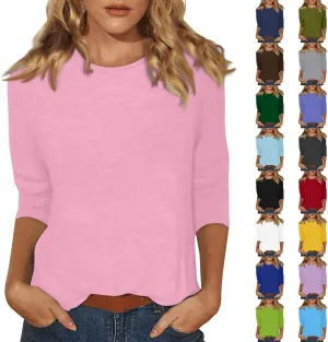 T Shirts for Women Loose Fit 3/4 Sleeve Tops Oversized Crew Neck Cotton Shirts Casual Pullover Tops Dressy Basic Tees