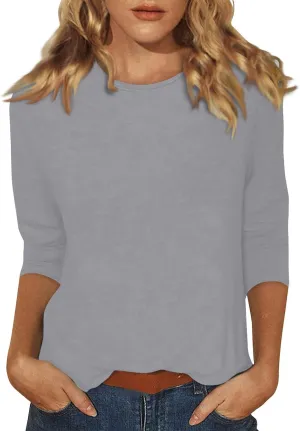 T Shirts for Women Loose Fit 3/4 Sleeve Tops Oversized Crew Neck Cotton Shirts Casual Pullover Tops Dressy Basic Tees