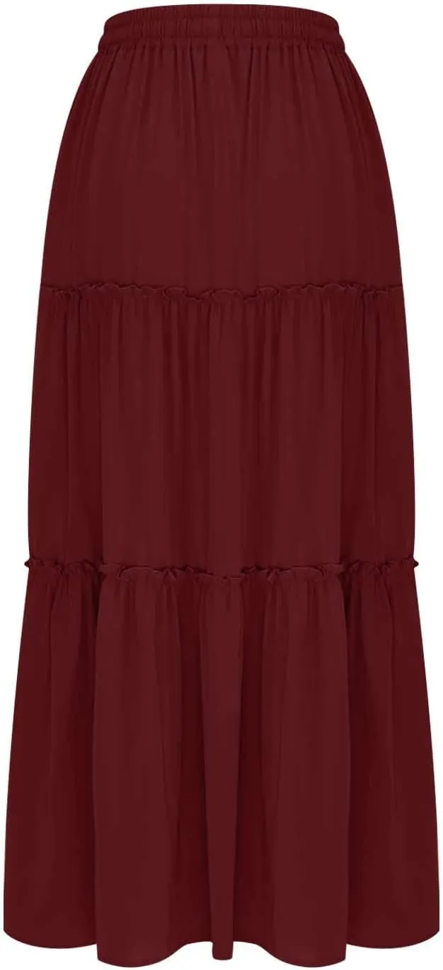 TANGNADE Womens Skirts Summer Casual Flowy High Waisted Tiered Maxi Skirt Spring Trendy Beach Ladies Skirts Long Length