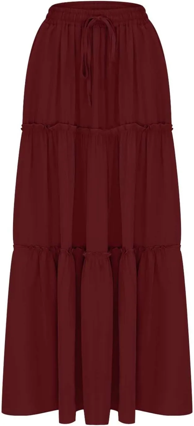 TANGNADE Womens Skirts Summer Casual Flowy High Waisted Tiered Maxi Skirt Spring Trendy Beach Ladies Skirts Long Length