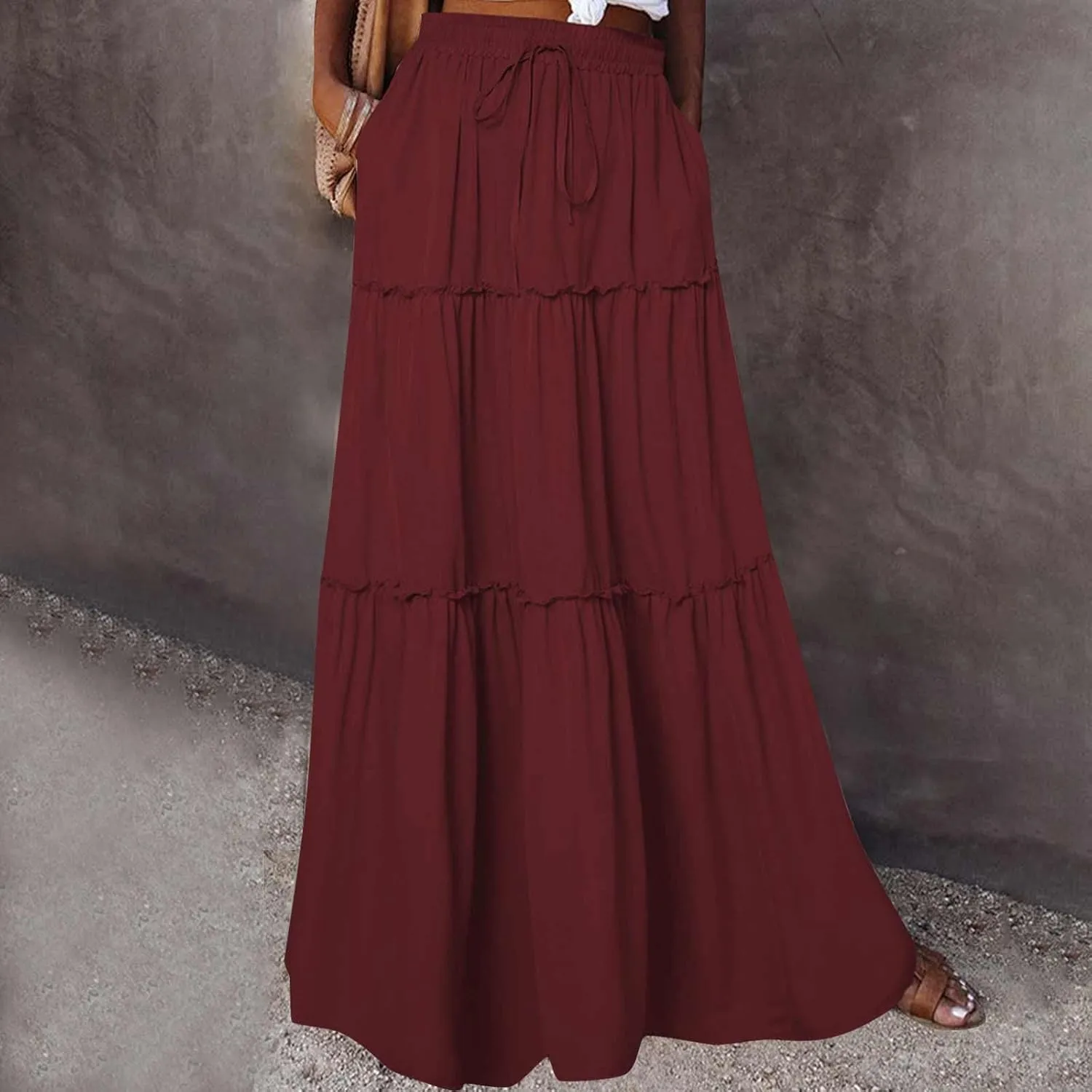 TANGNADE Womens Skirts Summer Casual Flowy High Waisted Tiered Maxi Skirt Spring Trendy Beach Ladies Skirts Long Length