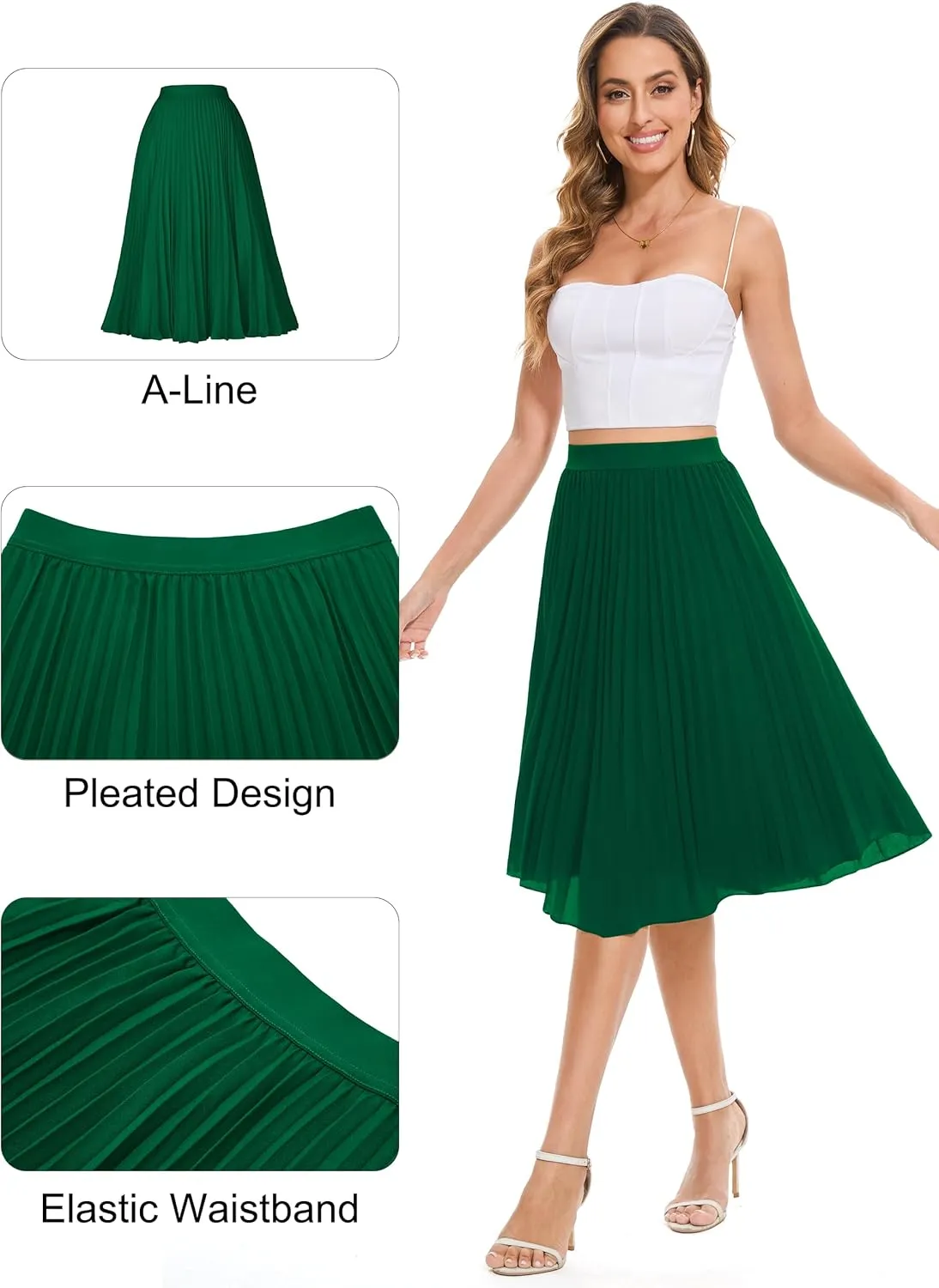 Tapata Women's Petite Regular Tall Pleated Chiffon Skirt Midi High Elastic Waist A Line Swing Skirts