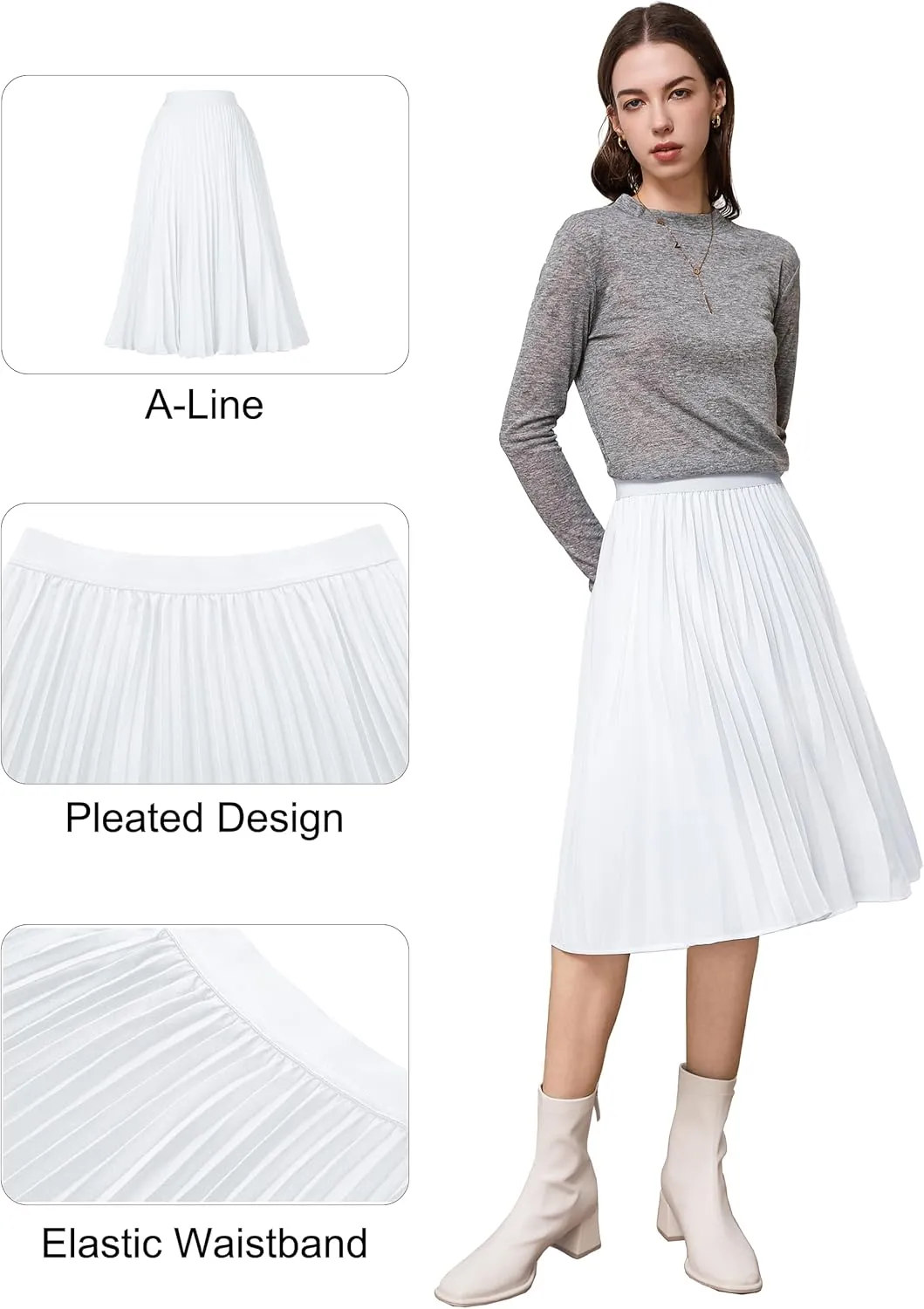 Tapata Women's Petite Regular Tall Pleated Chiffon Skirt Midi High Elastic Waist A Line Swing Skirts