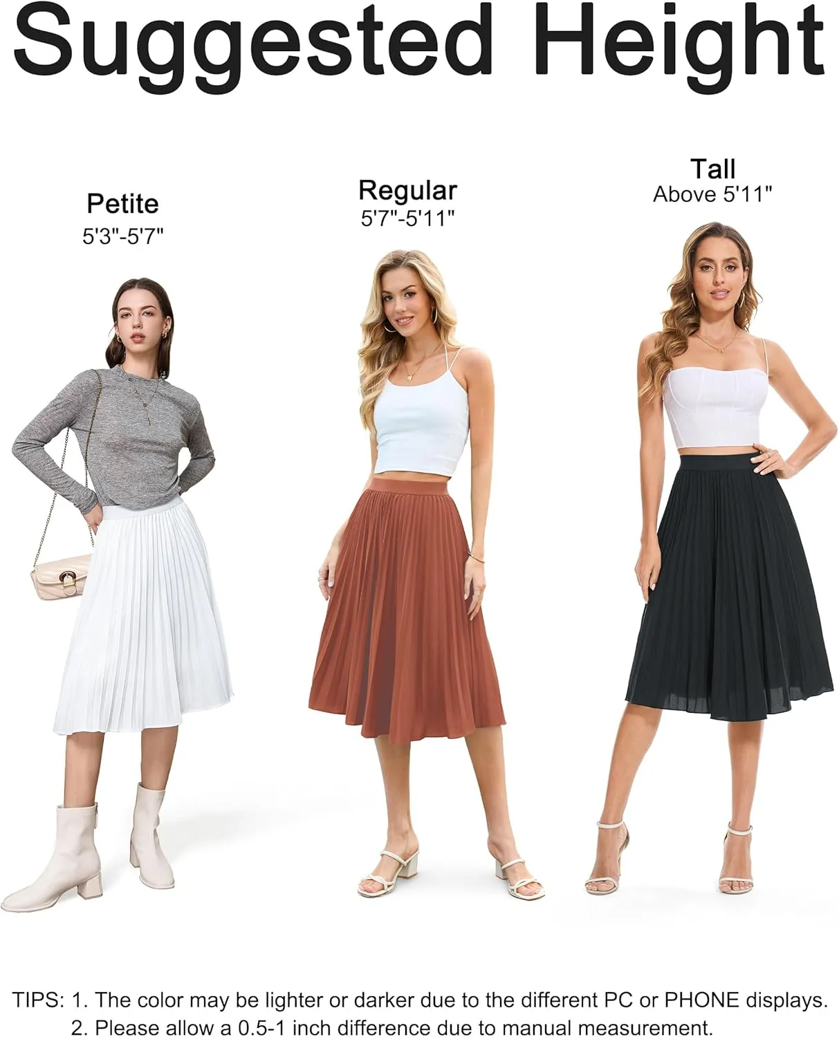 Tapata Women's Petite Regular Tall Pleated Chiffon Skirt Midi High Elastic Waist A Line Swing Skirts