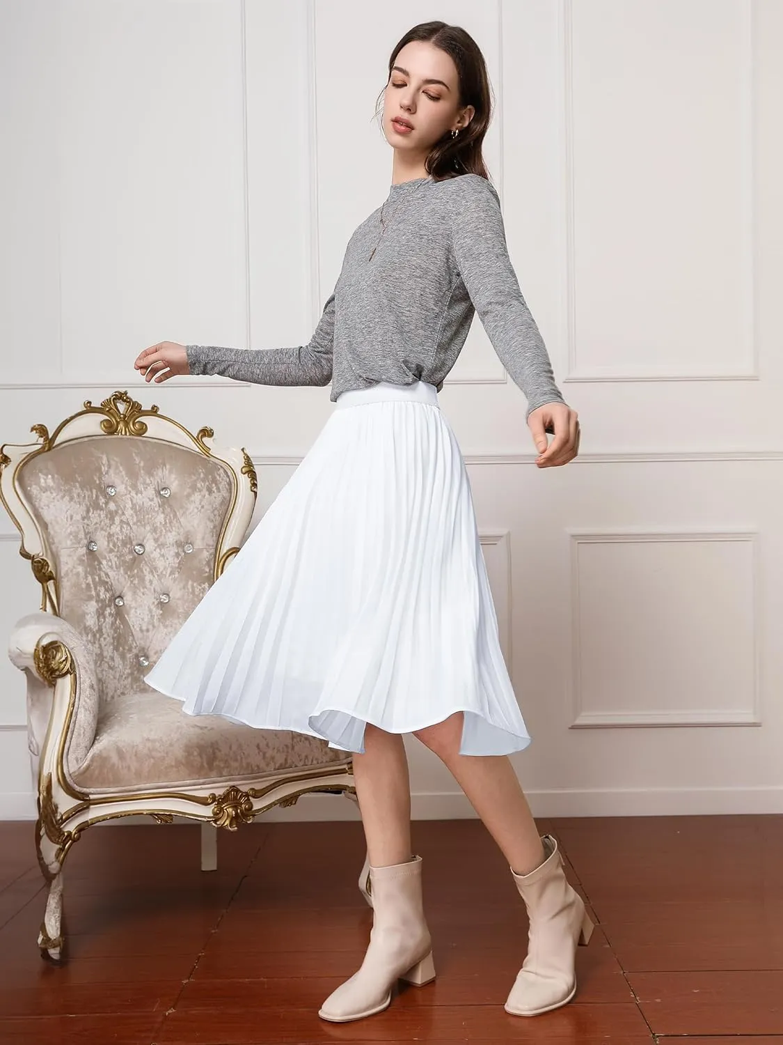 Tapata Women's Petite Regular Tall Pleated Chiffon Skirt Midi High Elastic Waist A Line Swing Skirts