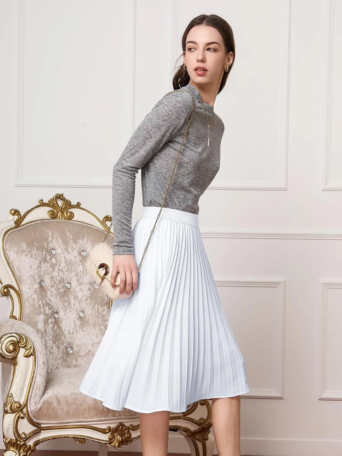 Tapata Women's Petite Regular Tall Pleated Chiffon Skirt Midi High Elastic Waist A Line Swing Skirts
