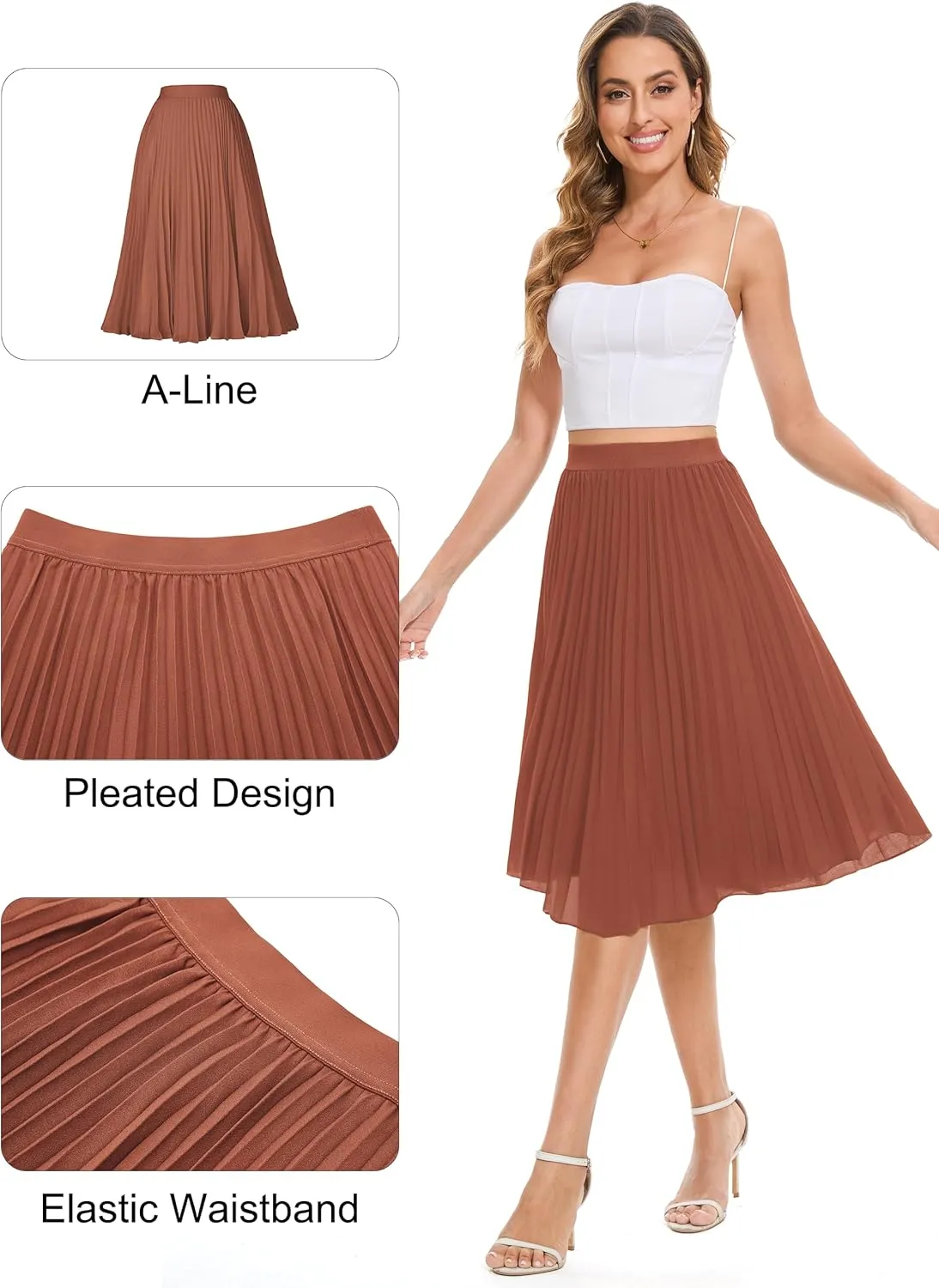Tapata Women's Petite Regular Tall Pleated Chiffon Skirt Midi High Elastic Waist A Line Swing Skirts