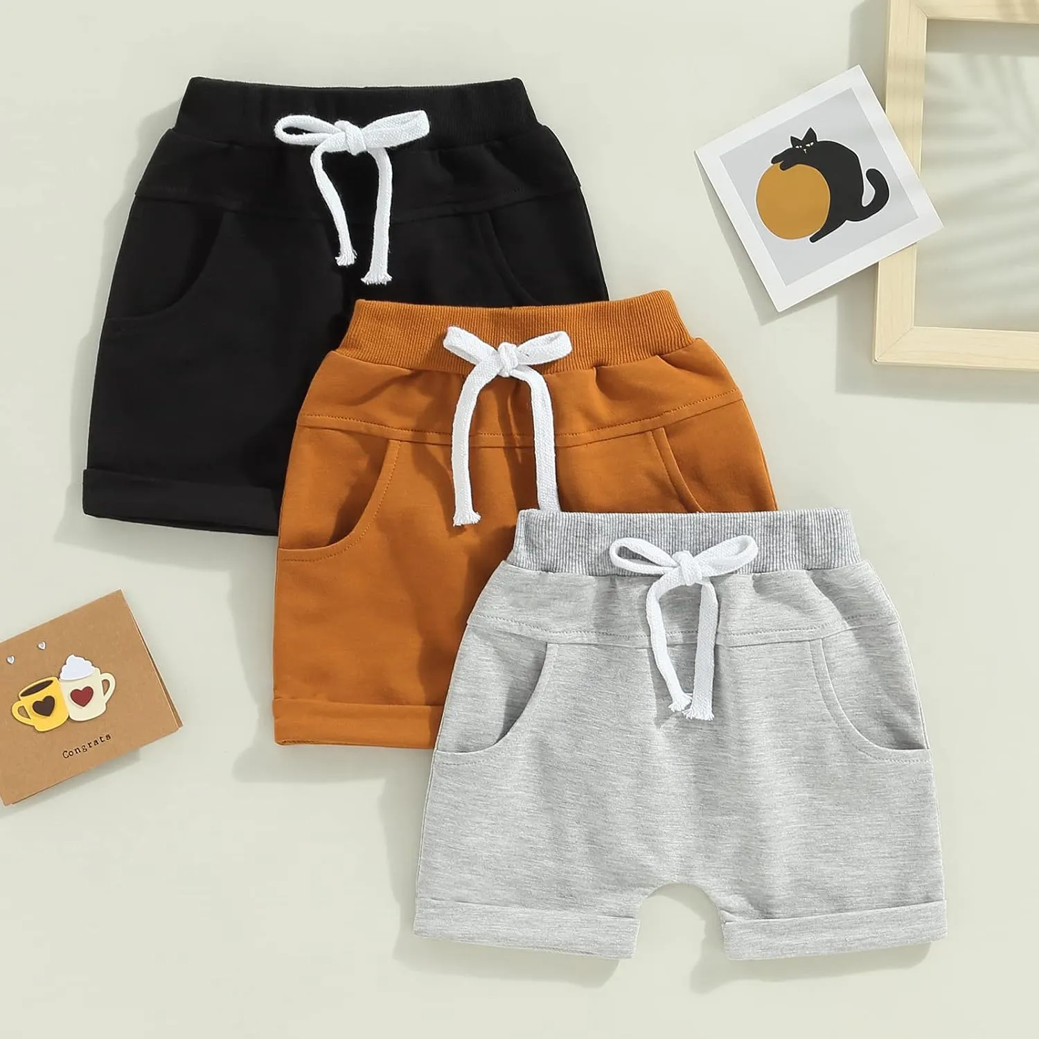 Toddler Baby Boy Shorts 3 Pack Shorts Set Elastic Waist Drawstring Shorts Sweatpants Casual Athletic Sports Shorts