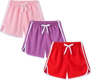Toddler Girls Athletic Shorts 3 Pack Drawstring Kids Running Cycling Short Striped Cotton Soft Gym Sport