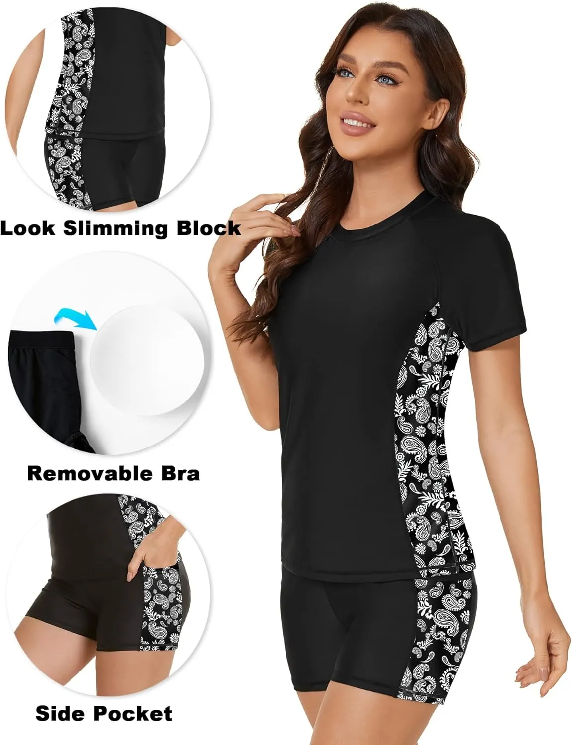 Tournesol Women's Rash Guard 2 Piece Short Sleeve Swim Shirt with Shorts Swimsuit with Bra Bathing Suit Plus Size with Pocket