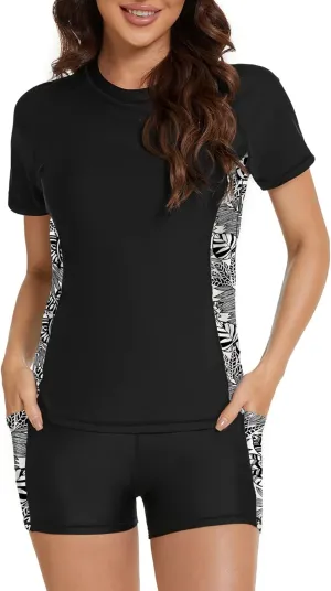Tournesol Women's Rash Guard 2 Piece Short Sleeve Swim Shirt with Shorts Swimsuit with Bra Bathing Suit Plus Size with Pocket