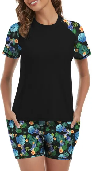 Tournesol Women's Rash Guard 2 Piece Short Sleeve Swim Shirt with Shorts Swimsuit with Bra Bathing Suit Plus Size with Pocket
