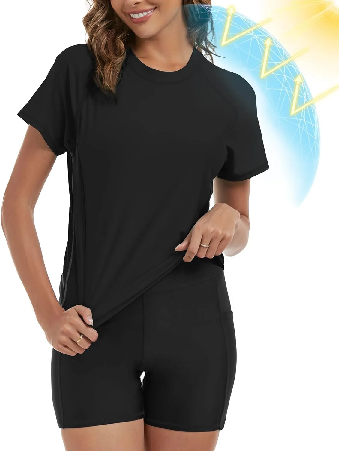 Tournesol Women's Rash Guard 2 Piece Short Sleeve Swim Shirt with Shorts Swimsuit with Bra Bathing Suit Plus Size with Pocket
