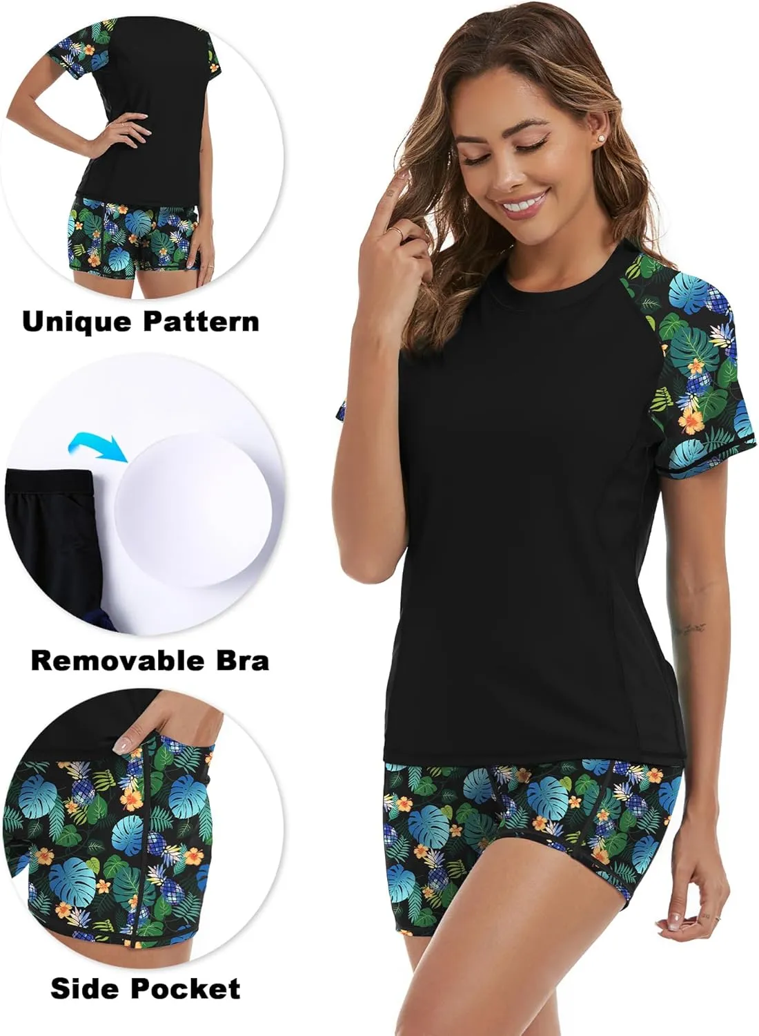 Tournesol Women's Rash Guard 2 Piece Short Sleeve Swim Shirt with Shorts Swimsuit with Bra Bathing Suit Plus Size with Pocket