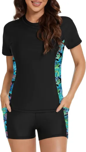 Tournesol Women's Rash Guard 2 Piece Short Sleeve Swim Shirt with Shorts Swimsuit with Bra Bathing Suit Plus Size with Pocket