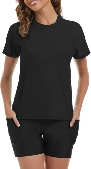 Tournesol Women's Rash Guard 2 Piece Short Sleeve Swim Shirt with Shorts Swimsuit with Bra Bathing Suit Plus Size with Pocket