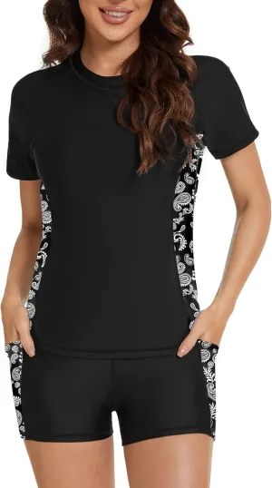 Tournesol Women's Rash Guard 2 Piece Short Sleeve Swim Shirt with Shorts Swimsuit with Bra Bathing Suit Plus Size with Pocket