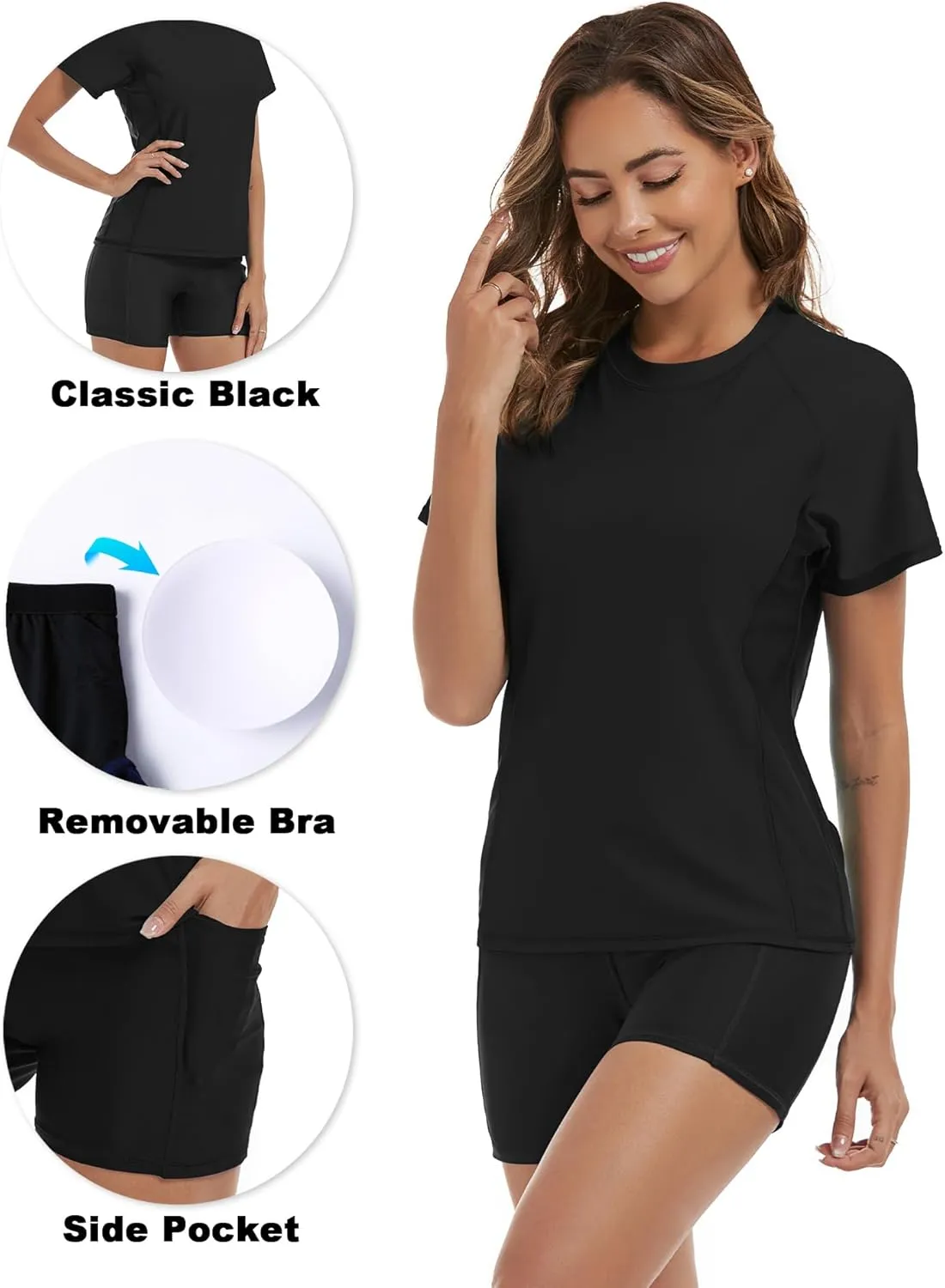 Tournesol Women's Rash Guard 2 Piece Short Sleeve Swim Shirt with Shorts Swimsuit with Bra Bathing Suit Plus Size with Pocket