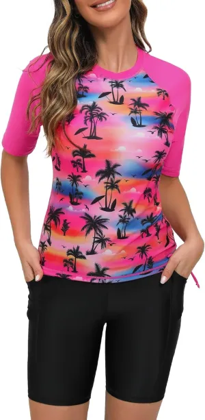Tournesol Women's Two Piece Rash Guard Short Sleeve Swim Shirts UPF 50  Built in Bra Swimsuit with Boyshorts with Pockets