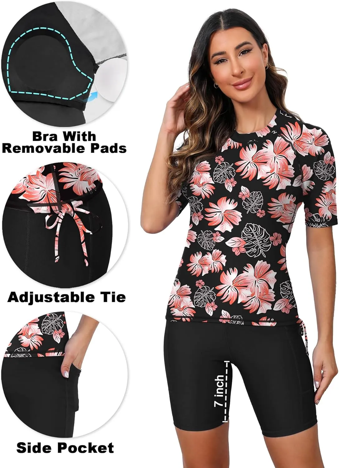 Tournesol Women's Two Piece Rash Guard Short Sleeve Swim Shirts UPF 50  Built in Bra Swimsuit with Boyshorts with Pockets