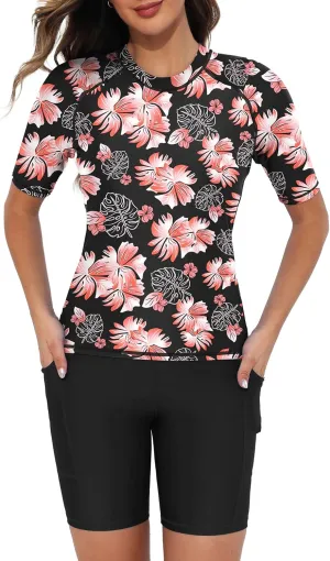 Tournesol Women's Two Piece Rash Guard Short Sleeve Swim Shirts UPF 50  Built in Bra Swimsuit with Boyshorts with Pockets
