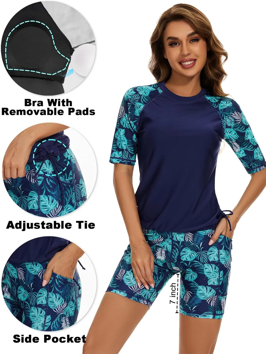 Tournesol Women's Two Piece Rash Guard Short Sleeve Swim Shirts UPF 50  Built in Bra Swimsuit with Boyshorts with Pockets
