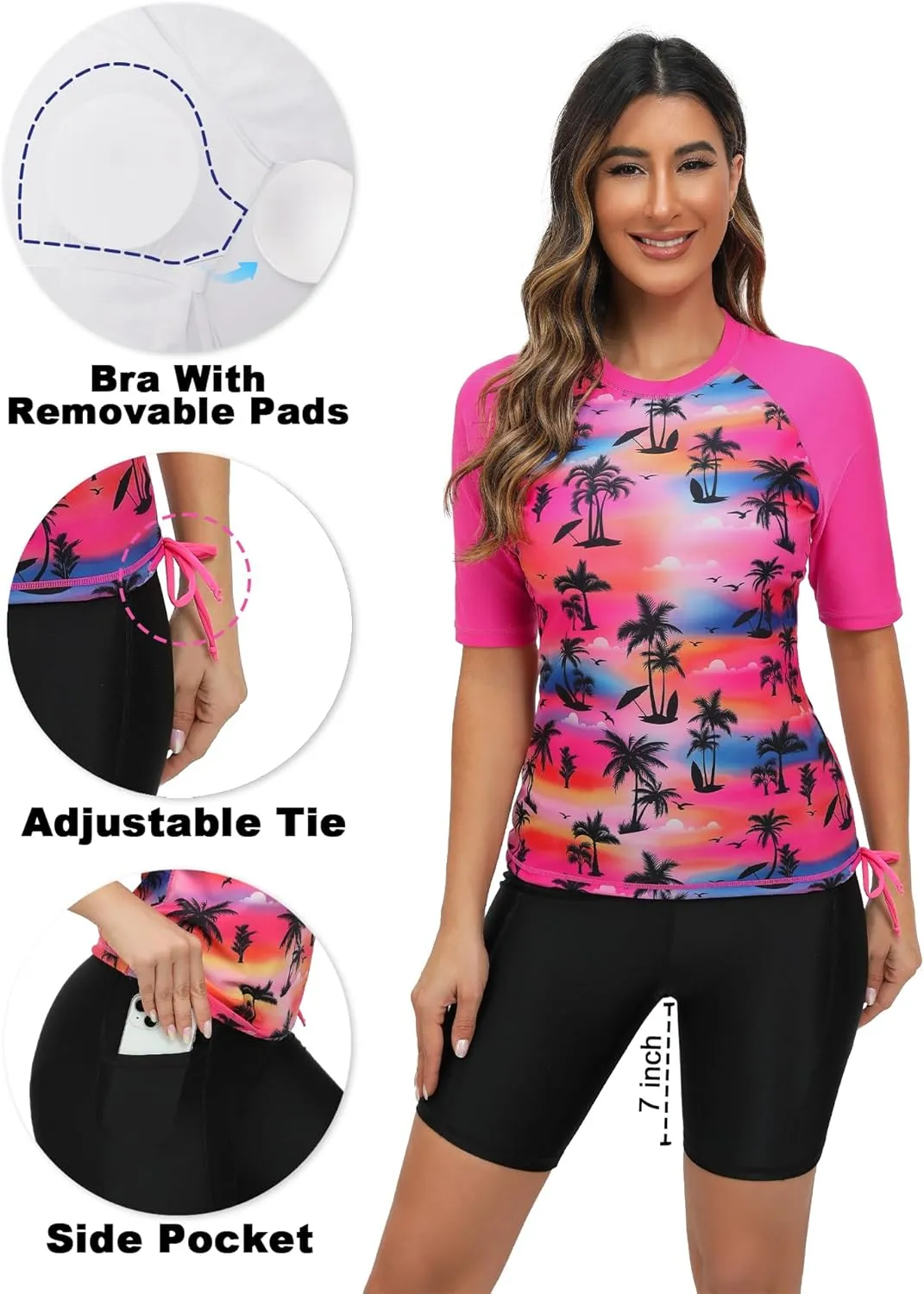 Tournesol Women's Two Piece Rash Guard Short Sleeve Swim Shirts UPF 50  Built in Bra Swimsuit with Boyshorts with Pockets
