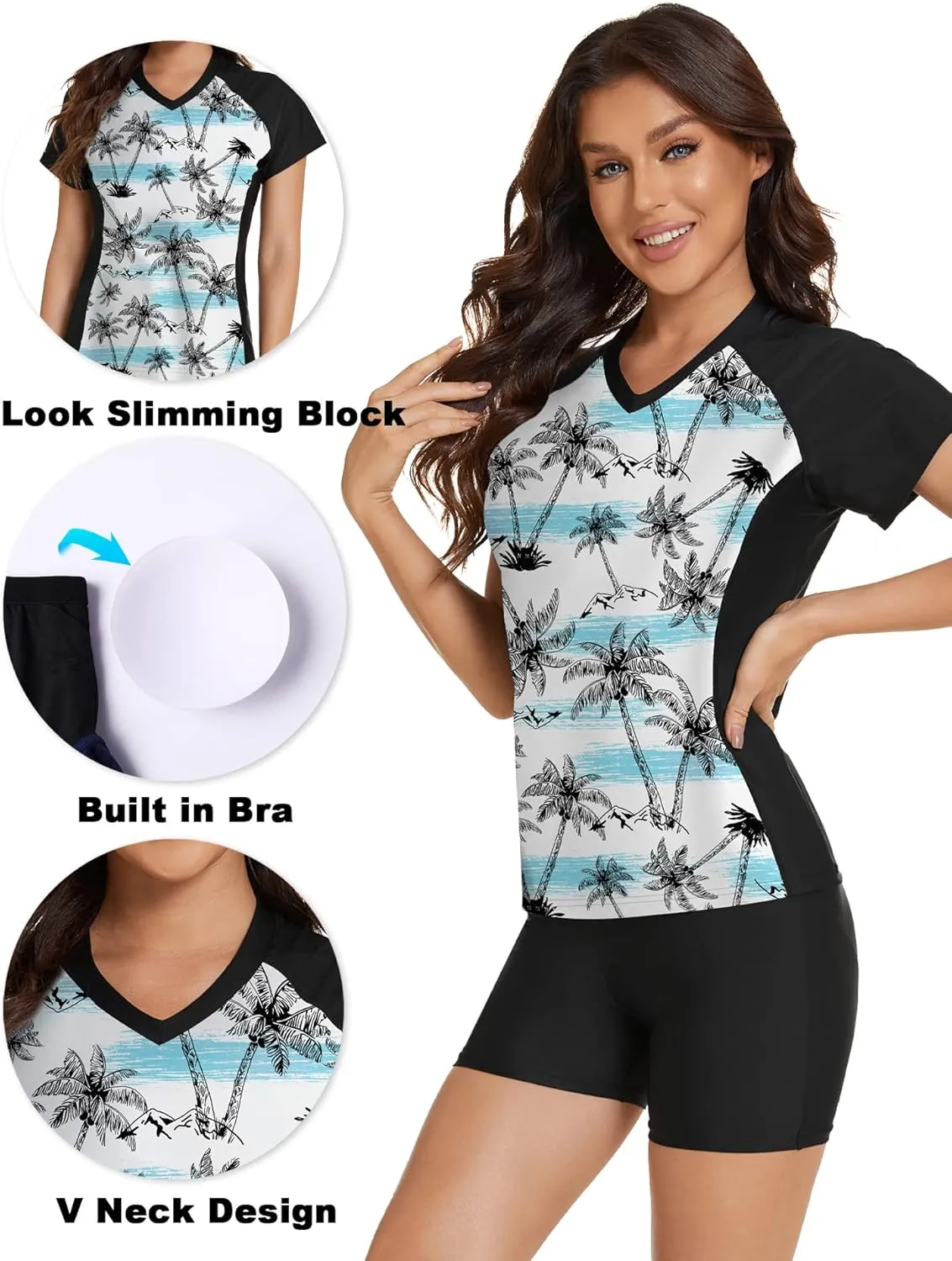 Tournesol Women's Two Piece Rash Guard Short Sleeve UPF 50  Swim Shirt Bulit in Bra Swimsuit with Boyshorts Bottoms