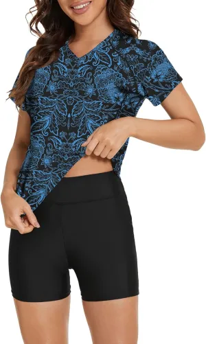 Tournesol Women's Two Piece Rash Guard Short Sleeve UPF 50  Swim Shirt Bulit in Bra Swimsuit with Boyshorts Bottoms