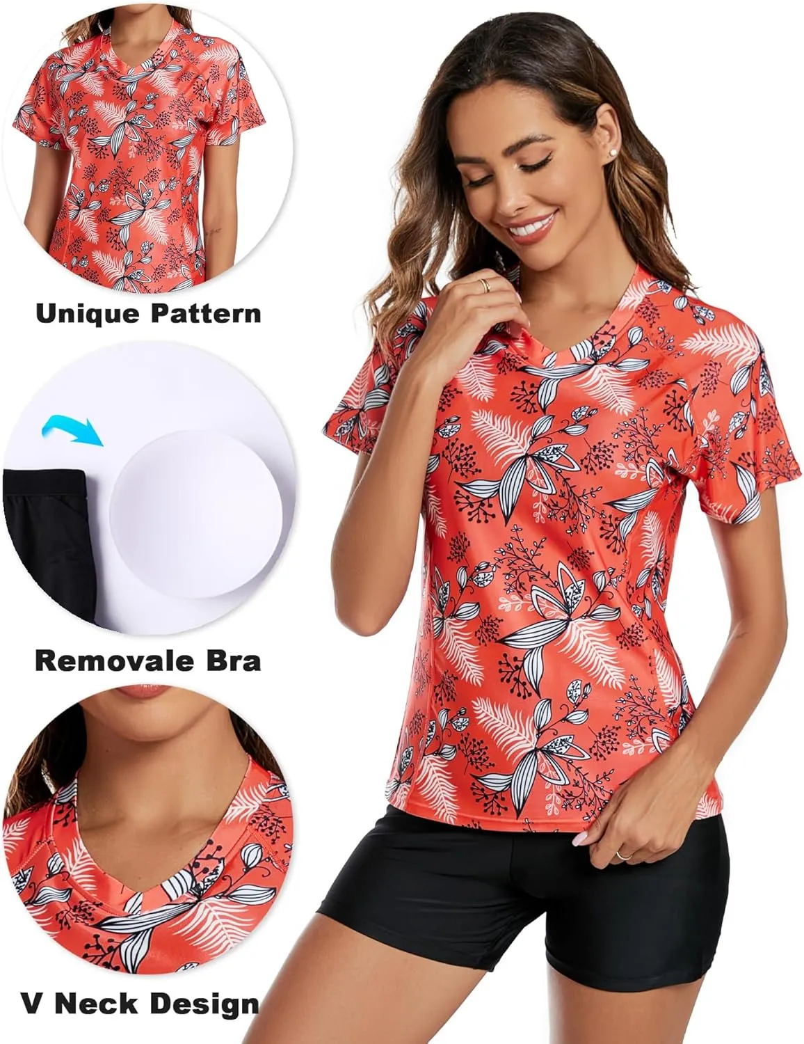 Tournesol Women's Two Piece Rash Guard Short Sleeve UPF 50  Swim Shirt Bulit in Bra Swimsuit with Boyshorts Bottoms