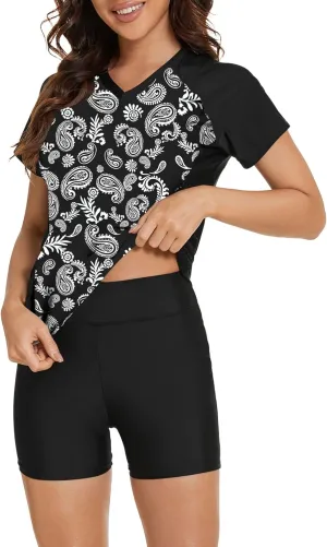 Tournesol Women's Two Piece Rash Guard Short Sleeve UPF 50  Swim Shirt Bulit in Bra Swimsuit with Boyshorts Bottoms