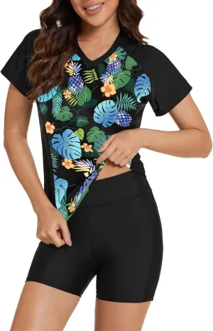 Tournesol Women's Two Piece Rash Guard Short Sleeve UPF 50  Swim Shirt Bulit in Bra Swimsuit with Boyshorts Bottoms
