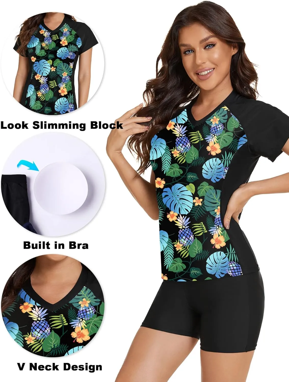 Tournesol Women's Two Piece Rash Guard Short Sleeve UPF 50  Swim Shirt Bulit in Bra Swimsuit with Boyshorts Bottoms