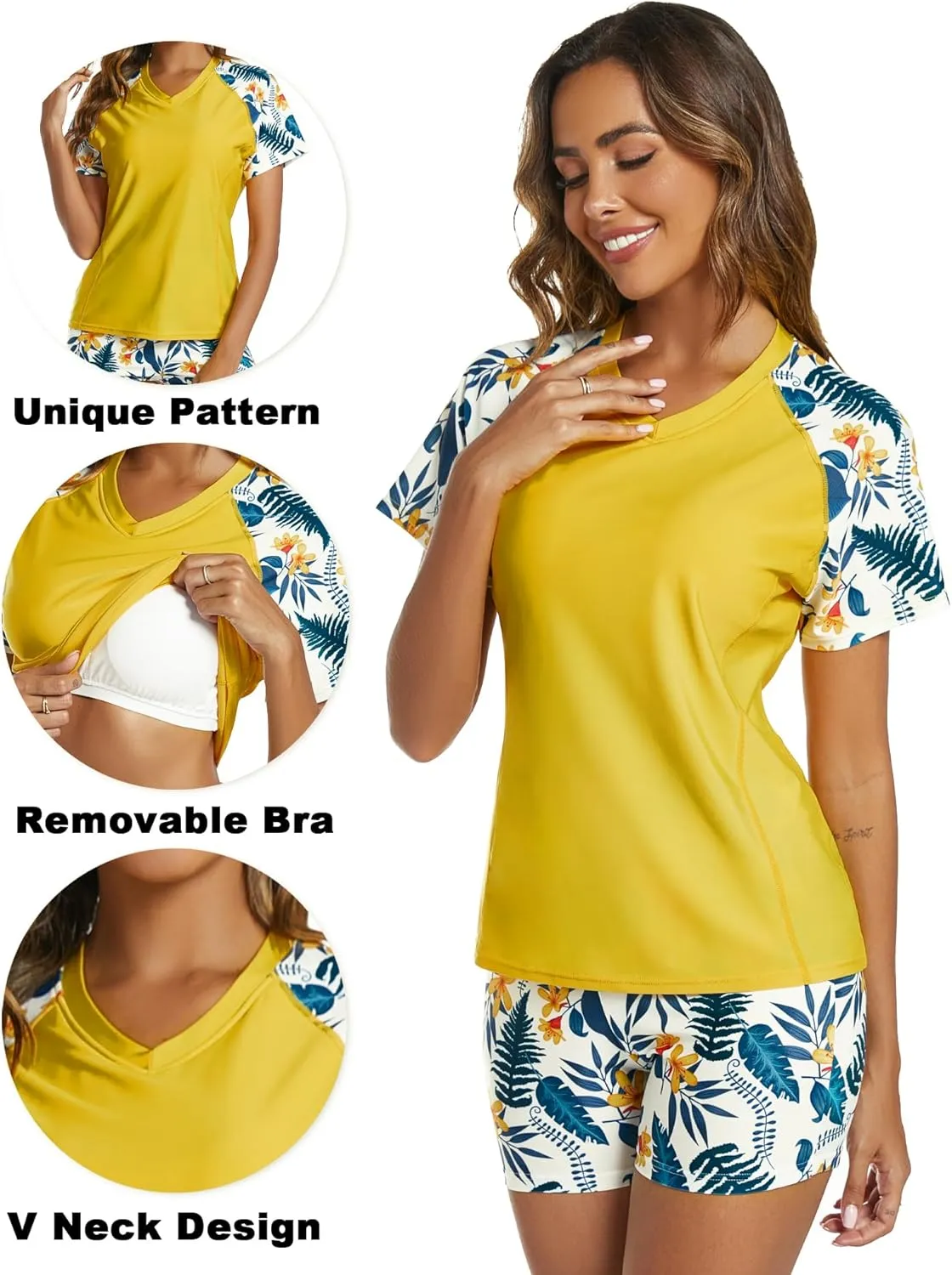 Tournesol Women's Two Piece Rash Guard Short Sleeve UPF 50  Swim Shirt Bulit in Bra Swimsuit with Boyshorts Bottoms