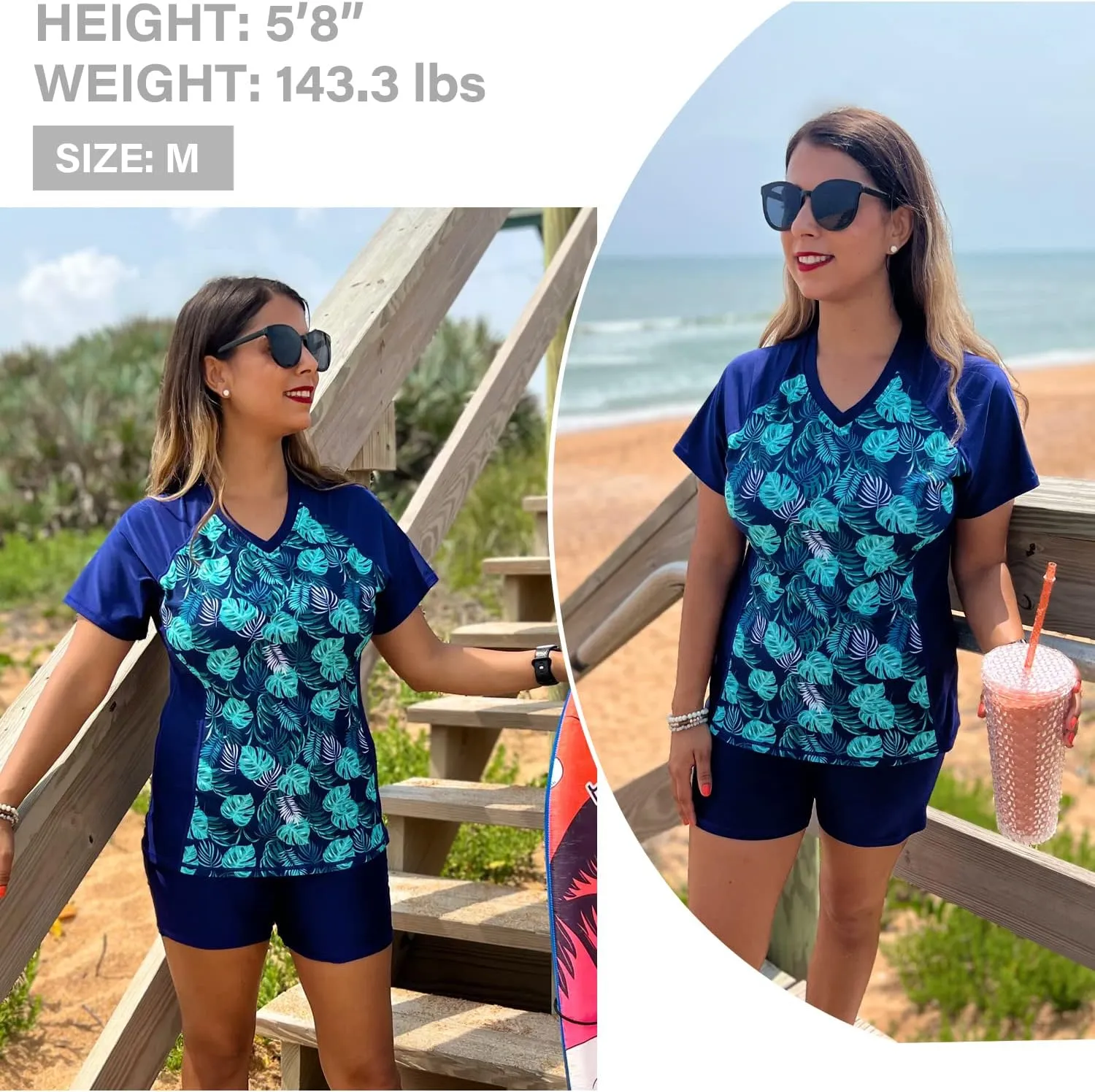 Tournesol Women's Two Piece Rash Guard Short Sleeve UPF 50  Swim Shirt Bulit in Bra Swimsuit with Boyshorts Bottoms