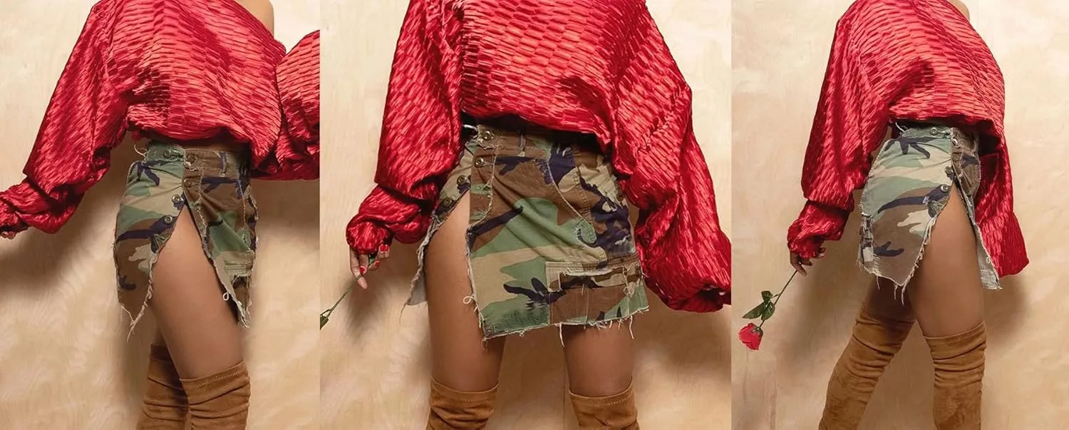 Vakkest Women's Camo Cargo Midi Skirt Elegant High Waist Vintage Dress Slit Front Ruffle Long Bodycon Maxi Skirts