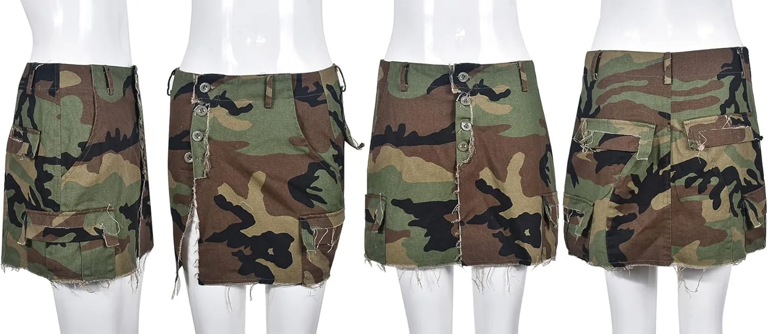 Vakkest Women's Camo Cargo Midi Skirt Elegant High Waist Vintage Dress Slit Front Ruffle Long Bodycon Maxi Skirts