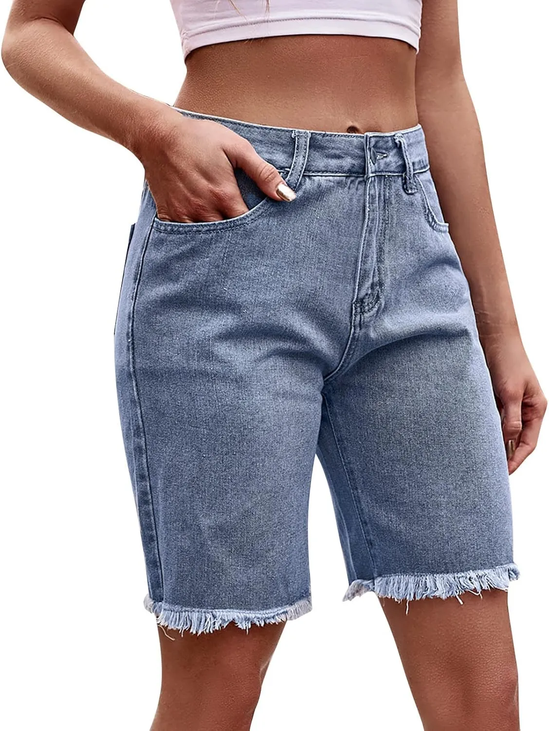 WABEOR Denim Bermuda Shorts for Women Knee Length Casual Summer High Waisted Denim Shorts Fashion Frayed Hem Long Jean Shorts