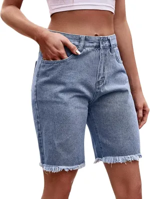 WABEOR Denim Bermuda Shorts for Women Knee Length Casual Summer High Waisted Denim Shorts Fashion Frayed Hem Long Jean Shorts