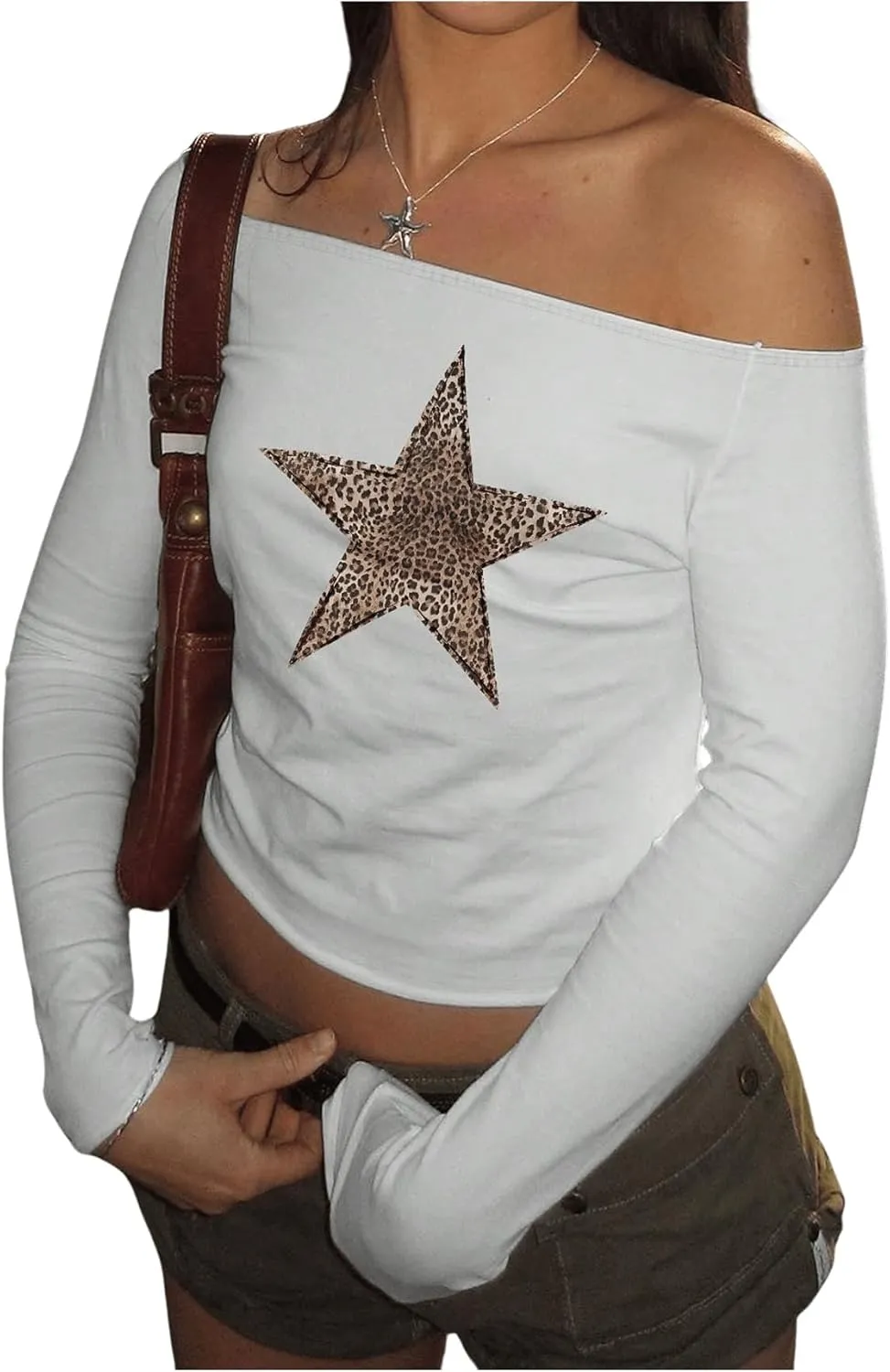 WDIRARA Women's Leopard Star Print Off The Shoulder Long Sleeve Top Y2k Crop Slim Fit T Shirts